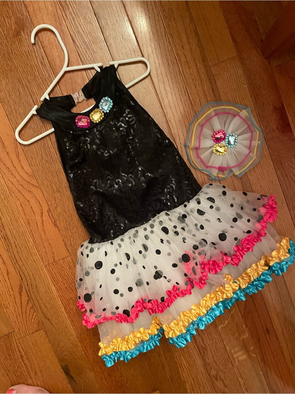 Girls' Black Sequin Polka Dot Tutu Costume with Bright Trim